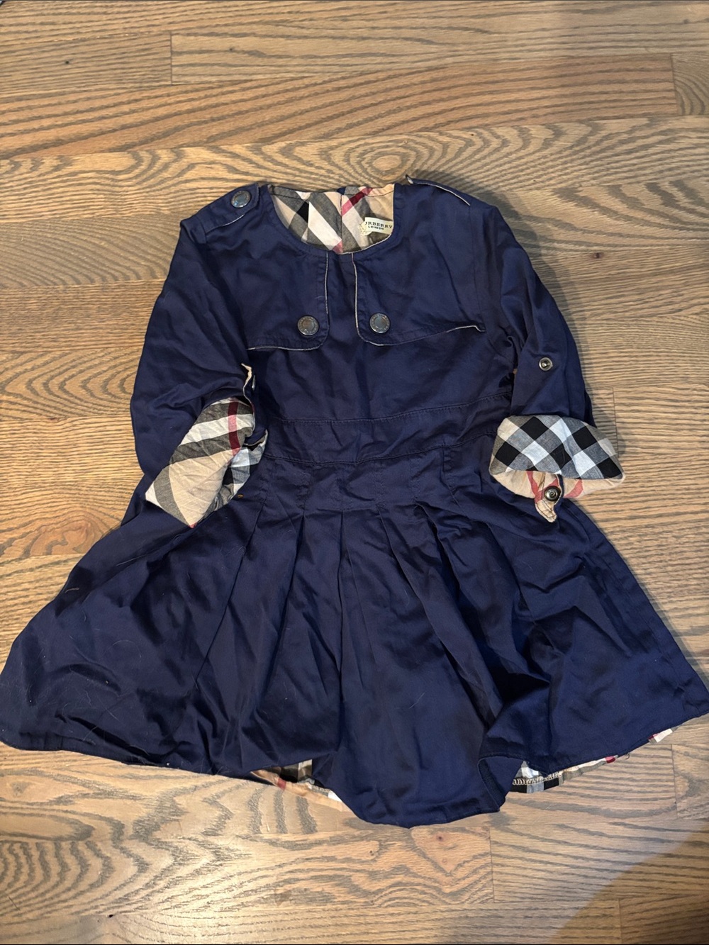 Burberry Navy Blue Plaid Trim Girls Dress